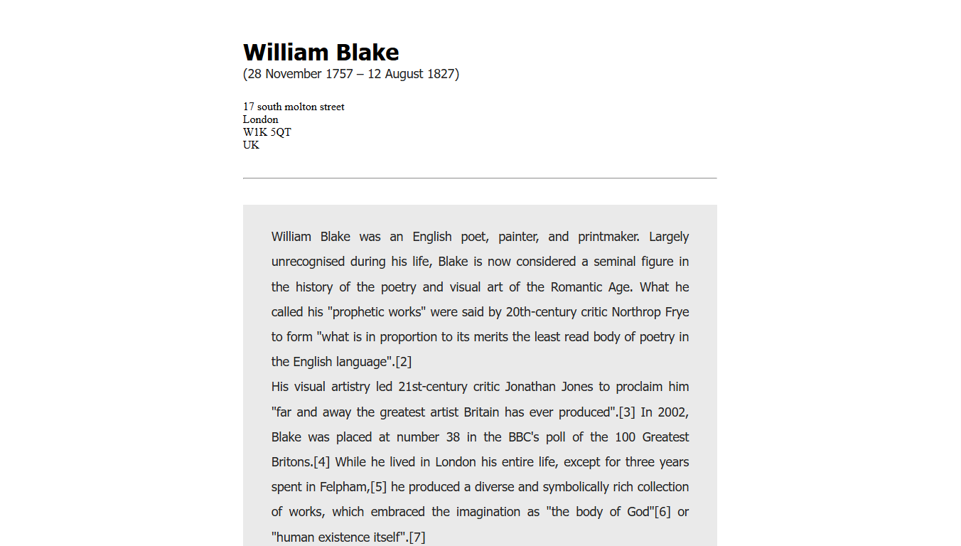 screenshot of William Blake Exercise
