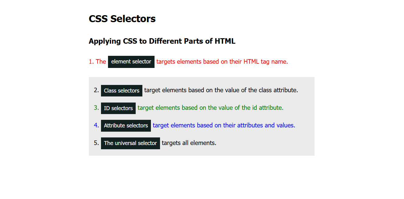 screenshot of CSS Selectors exercise